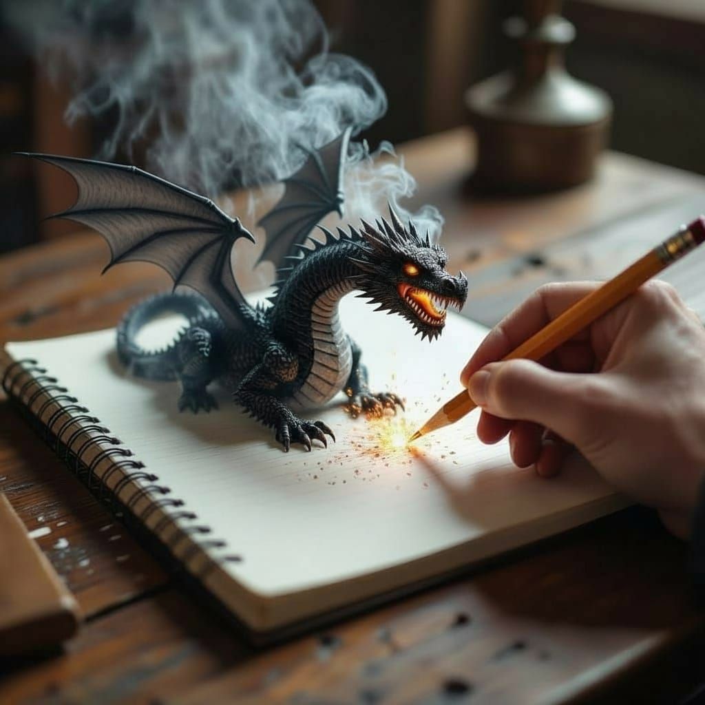 Dragon Emerges from Pencil on Desk