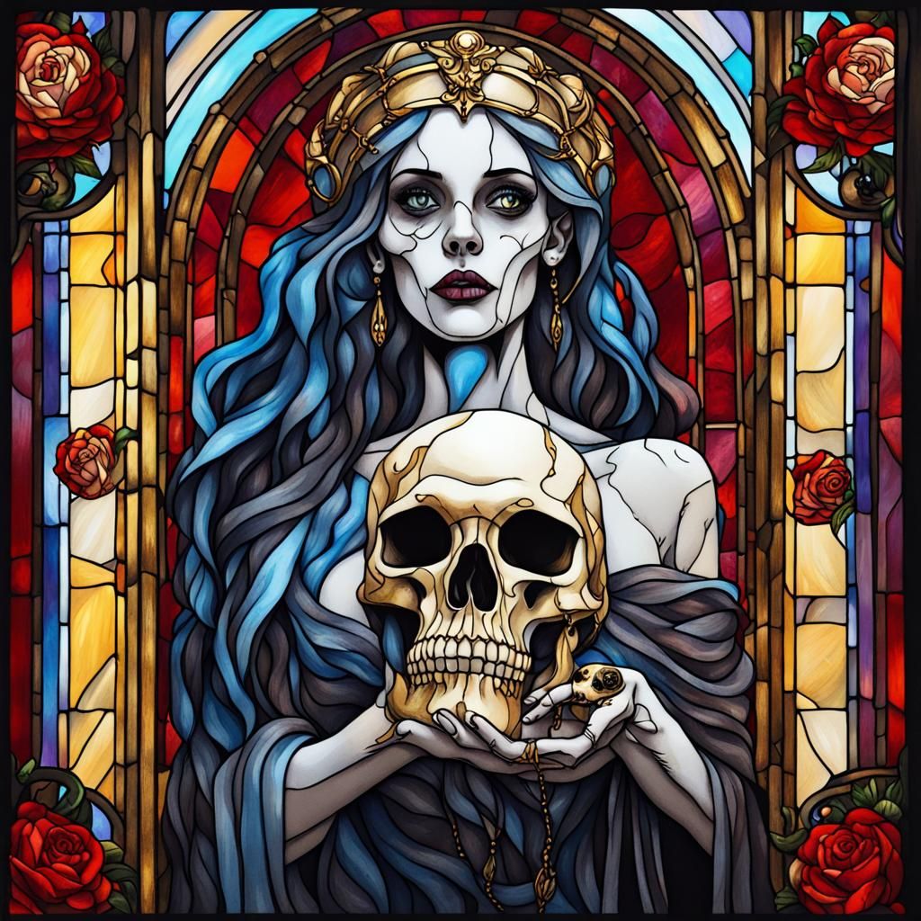 Gothic Stained Glass Goddess with Skull