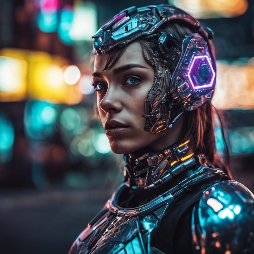 Cyborg Girl in Neon City: Hyperrealistic Portrait