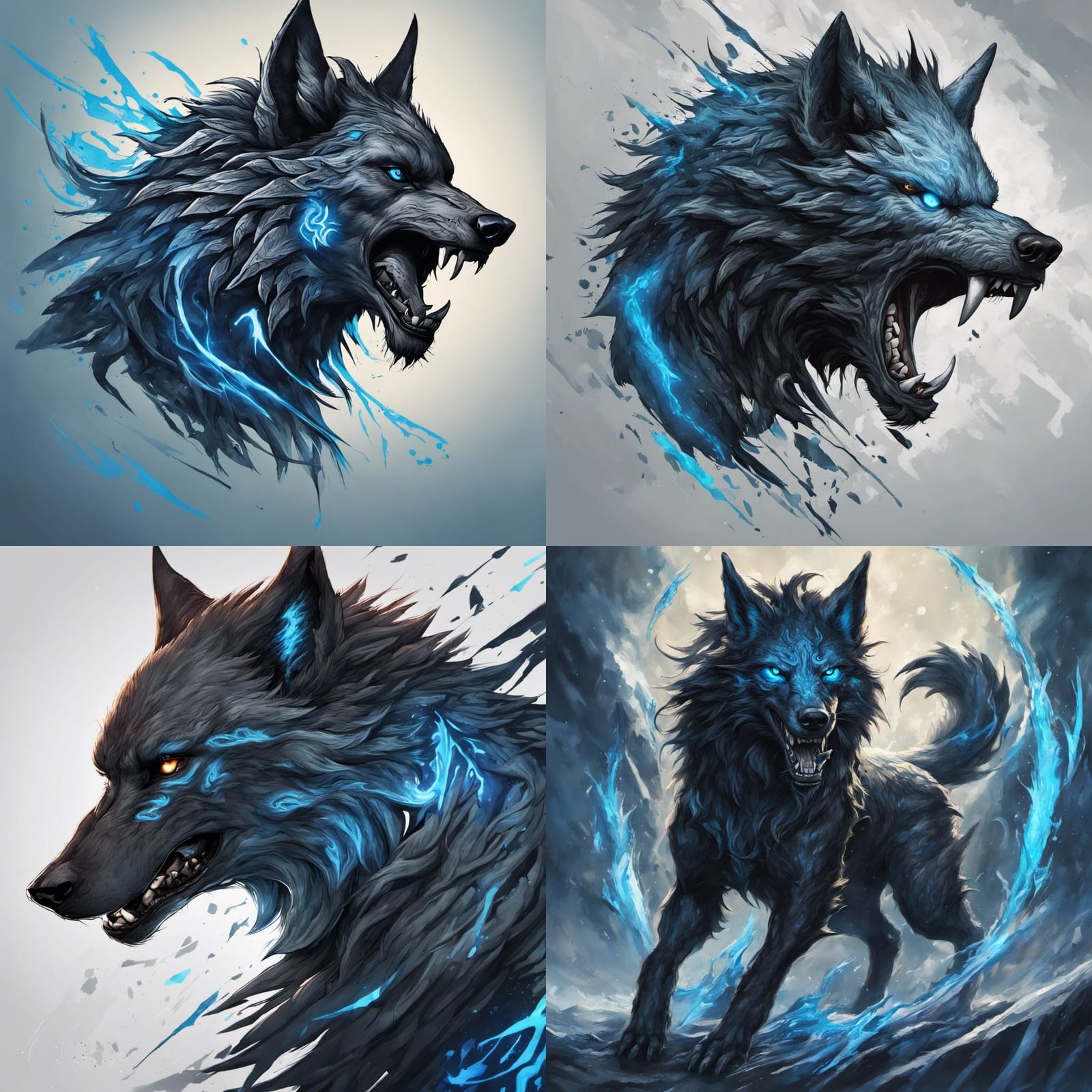 Runic Wolves in Black Ink with Blue Highlights
