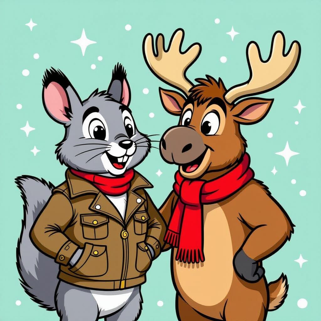 Playful Cartoon Squirrel and Moose Group Portrait