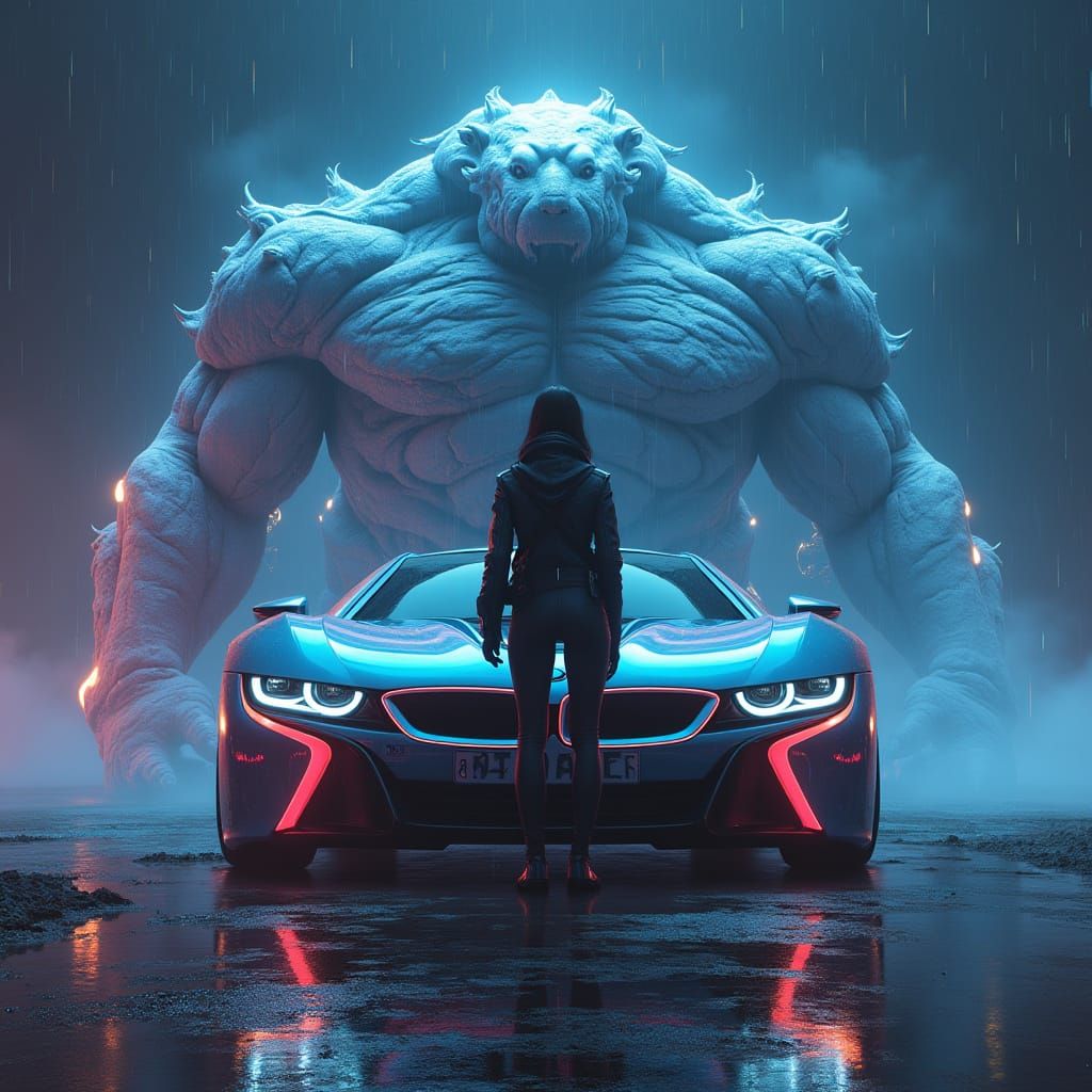 Futuristic Figure and BMW M1 in Neon Cityscape