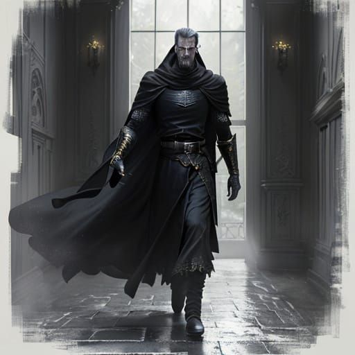 Sinister Figure in Dark Knight Attire with Glowing Eyes