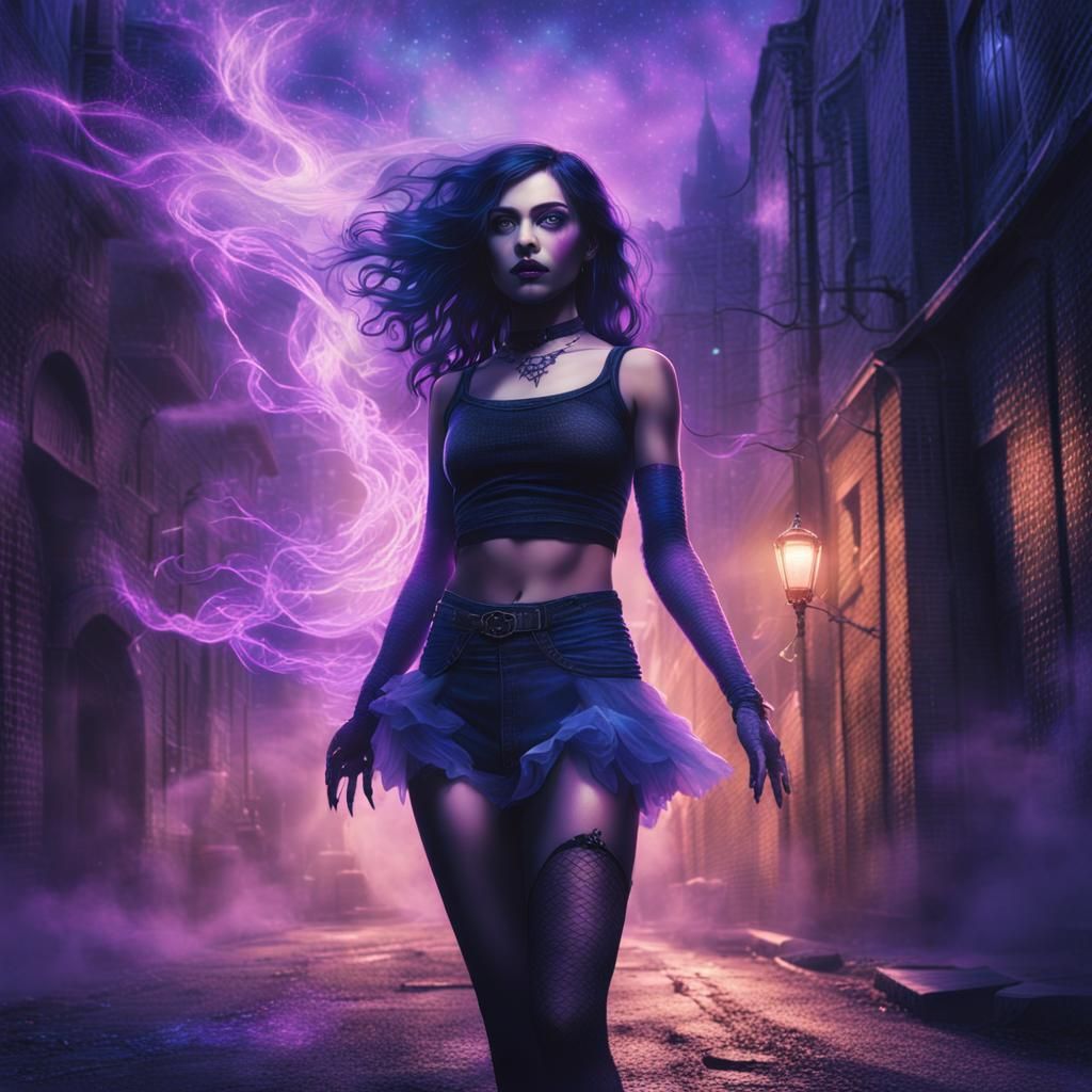 Gothic Fantasy Zantana Casting Magic in Cityscape