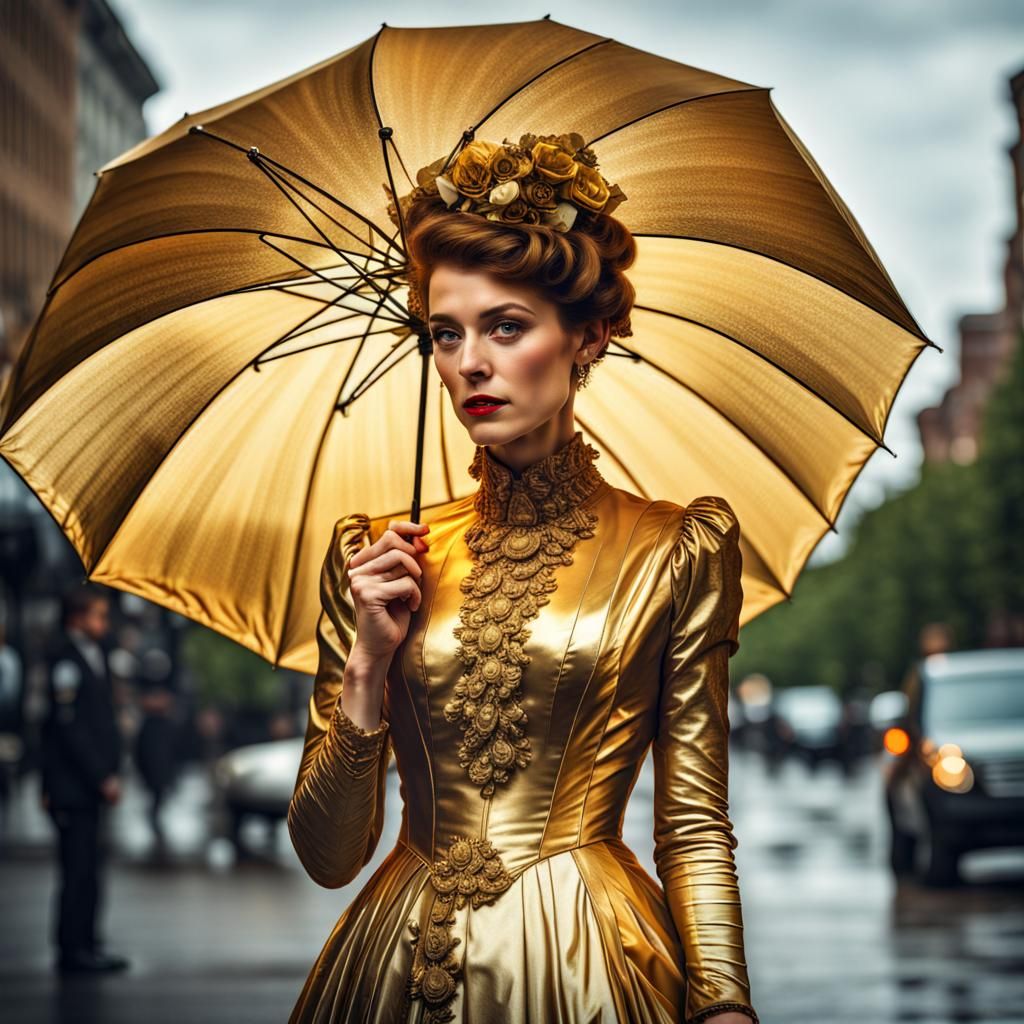 Gilded Age Woman in Gold Dress: Photorealistic Portrait