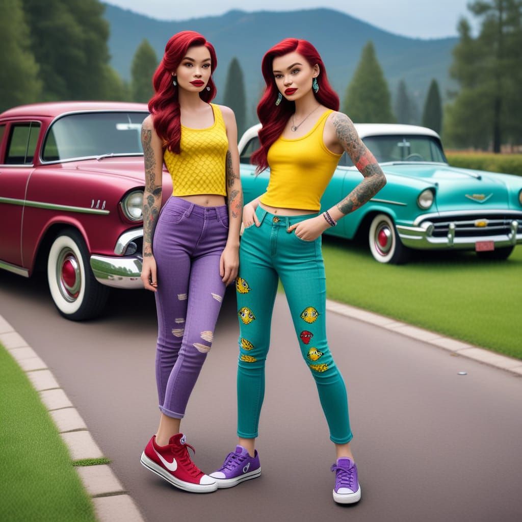 Belle and Ariel Posing with a 1957 Chevy