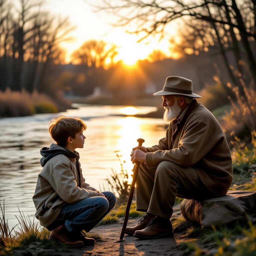 Wise Elder Shares Wisdom by Golden River Sunset