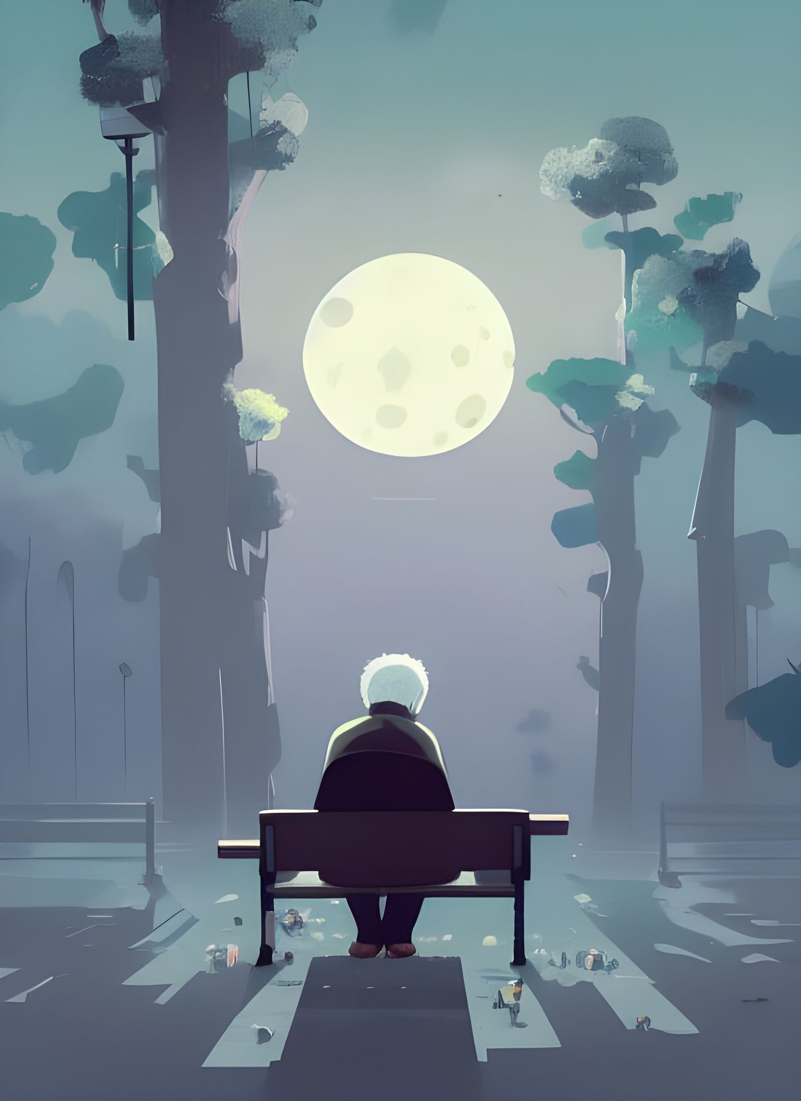 Sad Old Man Under Moon: Digital Illustration