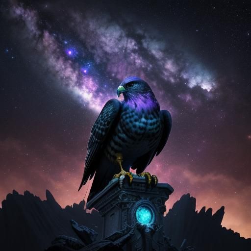 Hawk Perched on Statue in Cosmic Nebula, Digital Art