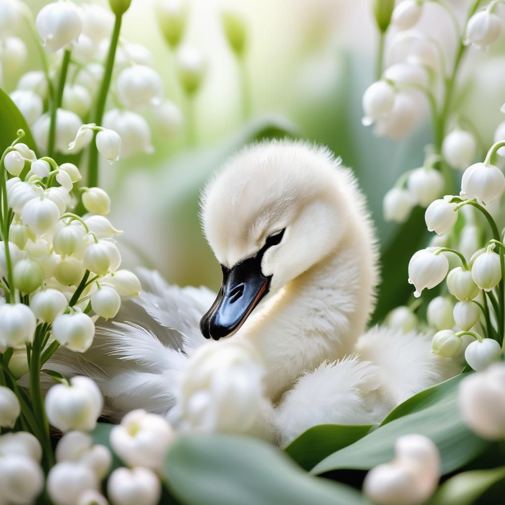 Baby Swan Sleeps Under Lily, Macrophotography