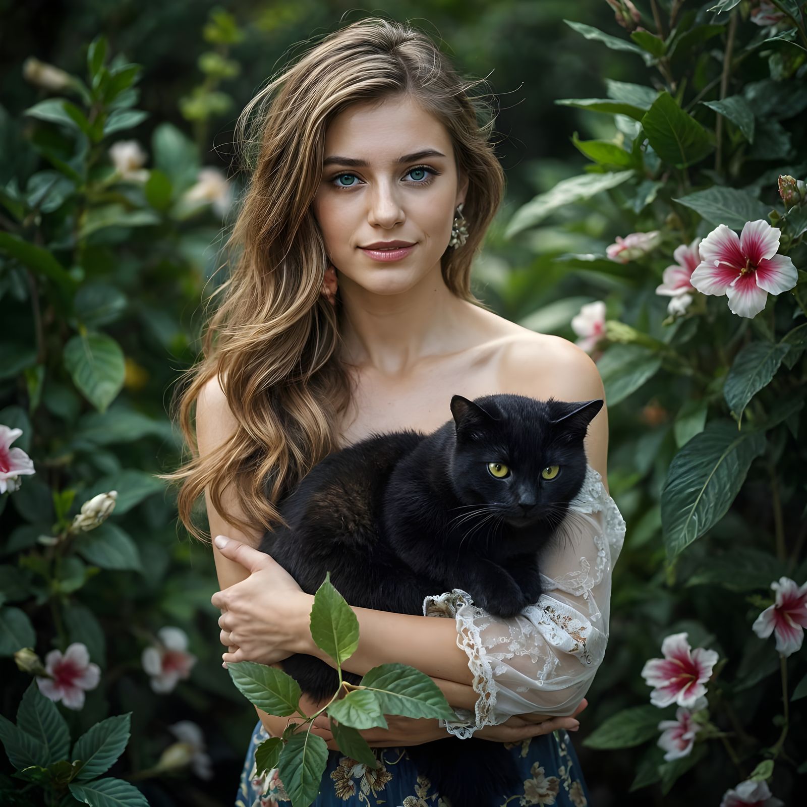 Hibiscus Princess with Cat: Hyperrealistic HDR Portrait