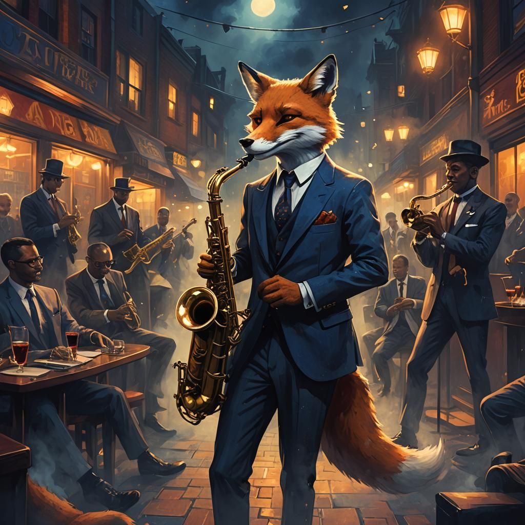 Anthropomorphic Fox Plays Saxophone in Smoky Jazz Club