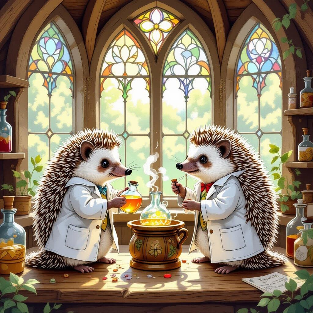 Hedgehog Apothecary in Oak Tree, Art Nouveau Style