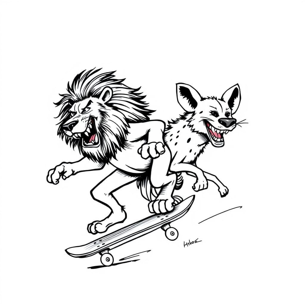 Lion and Hyena Skateboarding Sketch