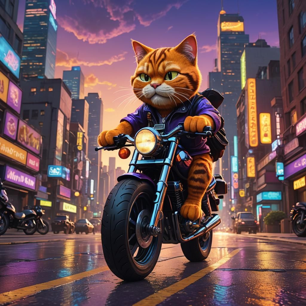 Garfield Rides a Motorcycle Through Fantastical Cityscape
