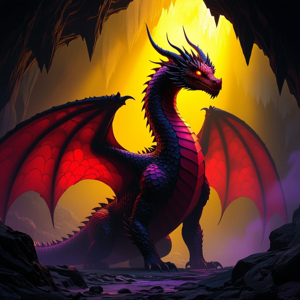 Majestic Dragon in Dark Cave: Fantasy Concept Art
