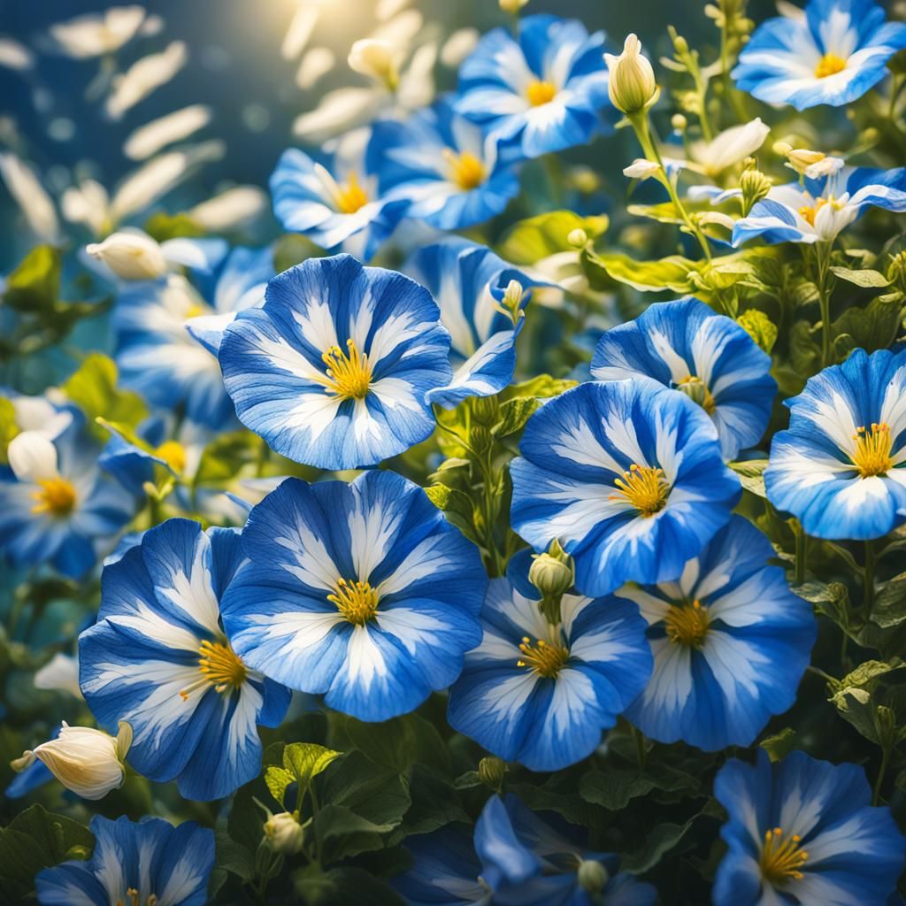 Blue and White Striped Convulvulus Flowers in Hyperrealism