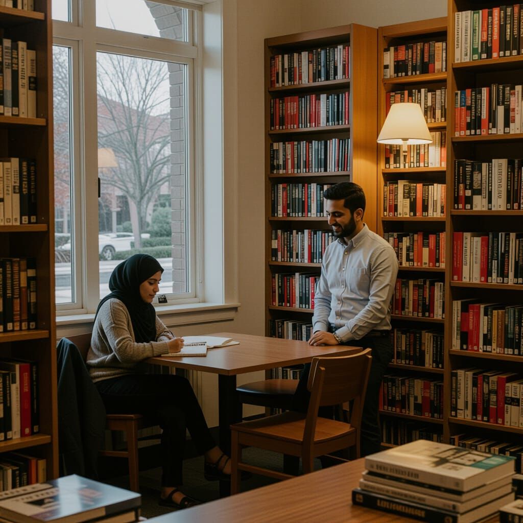 Quiet Library Encounter: Soft Light, Emotional Depth
