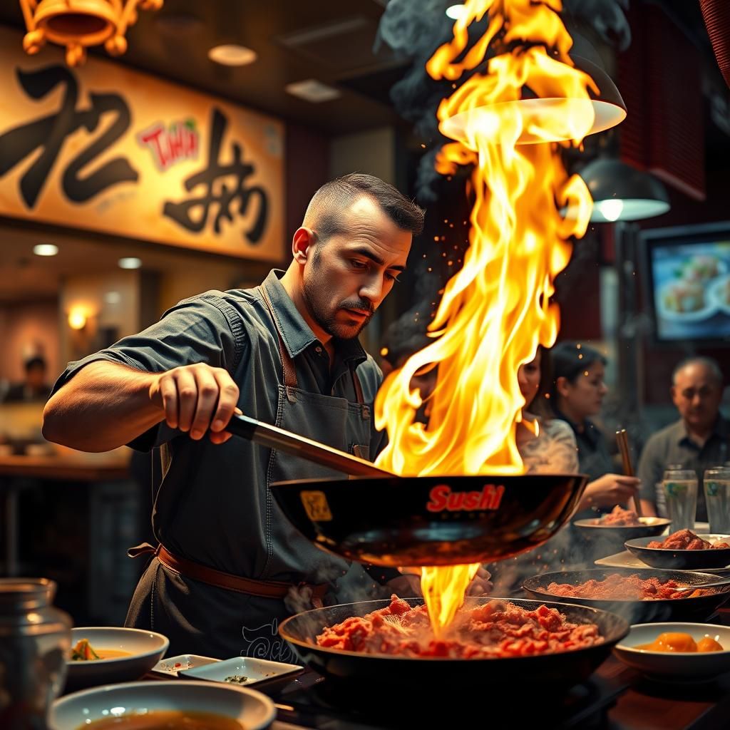 Fiery Cooking Display at Sushi Restaurant