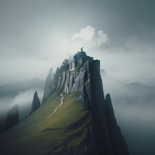 Surreal Melancholic Musician on Misty Mountain