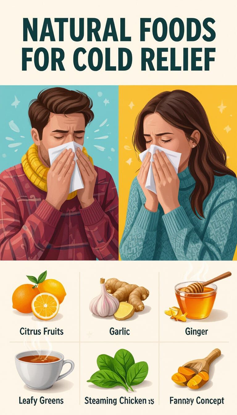 Natural Cold Relief Foods Collage with Symptom Illustrations