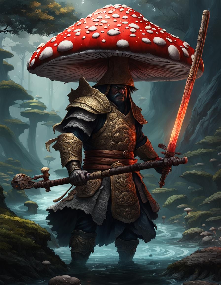 Mushroom Samurai Guards Ancestral Pool in Dark Fantasy Art