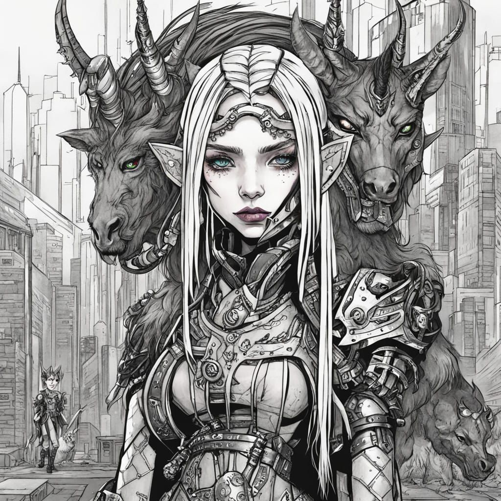 Gothic Cyberpunk Princess Elf Surrounded by Cybernetic Unico...