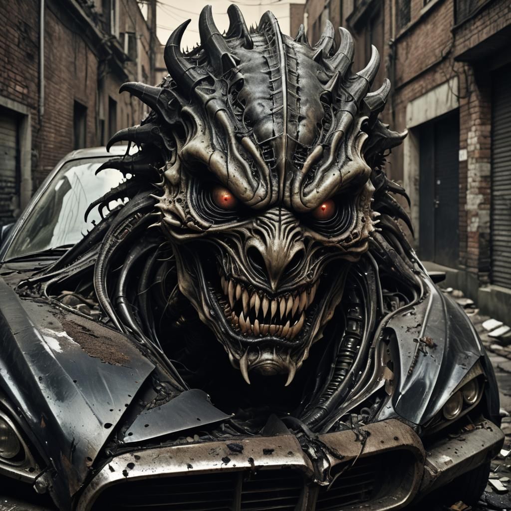 Grotesque Monster Devouring Car in Dark Alley