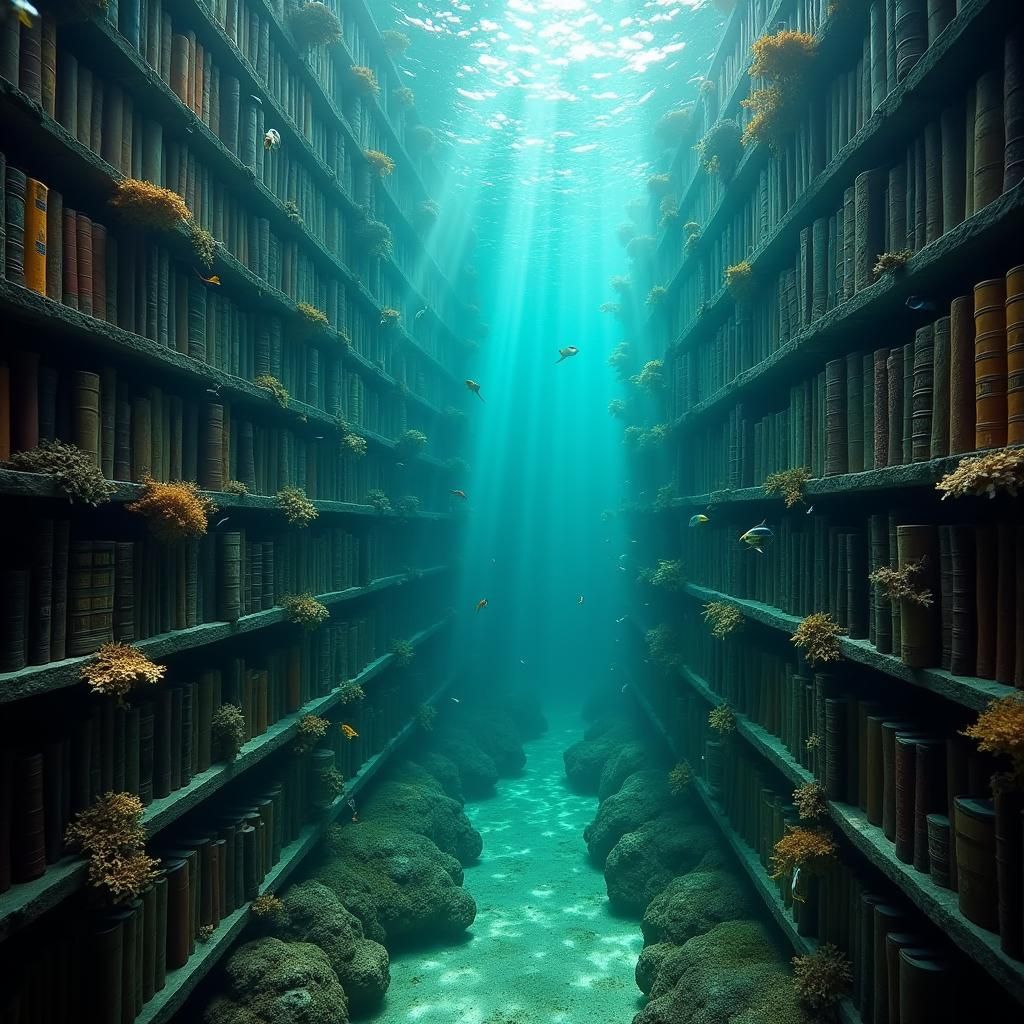 Underwater Library with Glowing Books: Cinematic Still