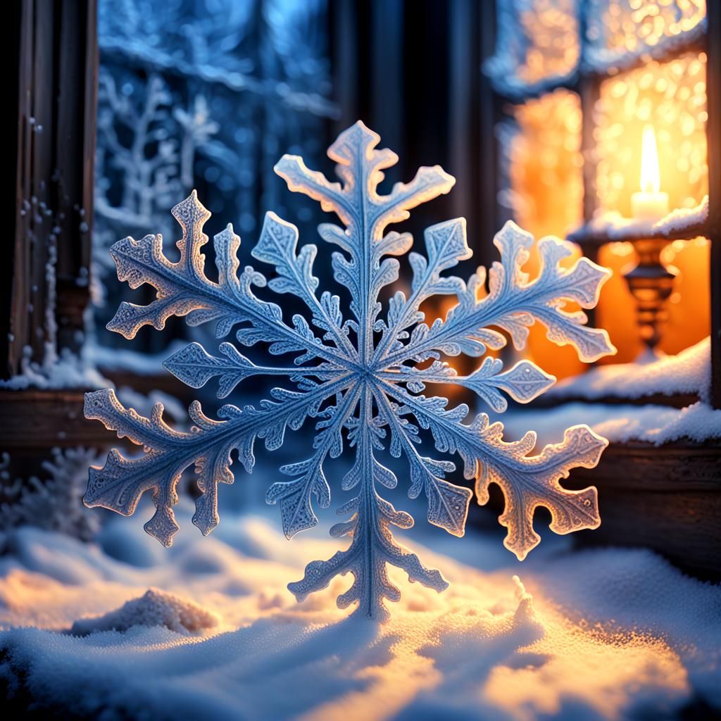 Candlelit Snowflakes on Frosty Windowpane: Digital Art