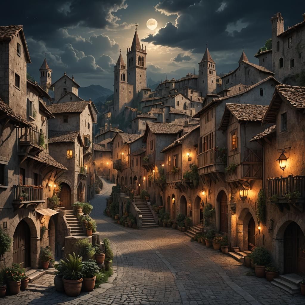 Medieval Italian Village at Night: Digital Matte Painting