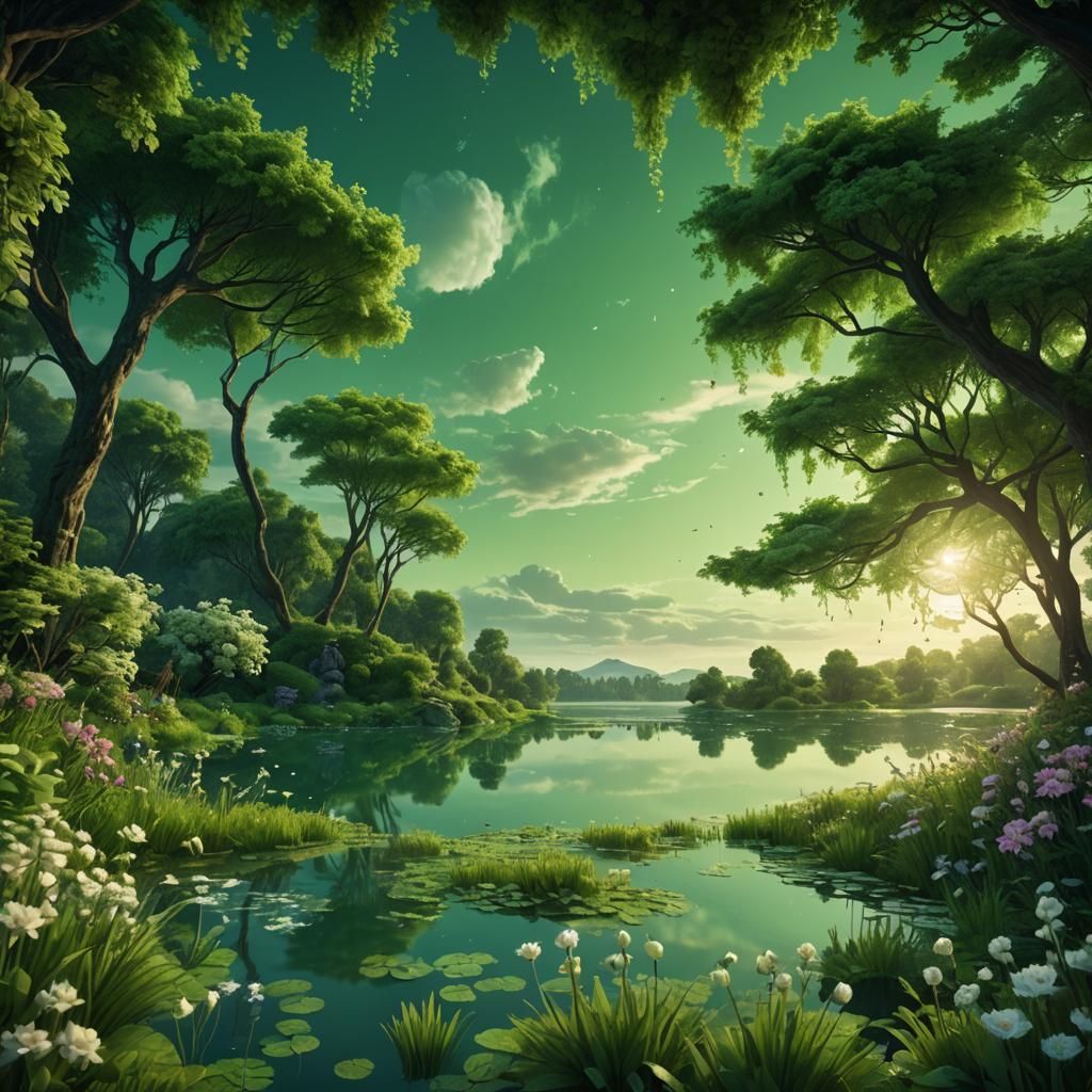 Lush Green Sunset Over Tranquil Lake