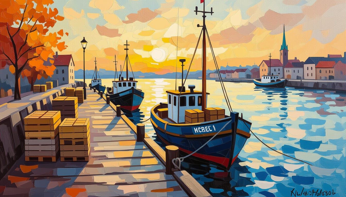 Autumn Harbour Scene as Impasto Painting