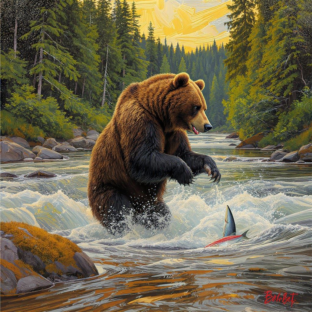 Majestic Bear Catching Salmon in Impasto Style