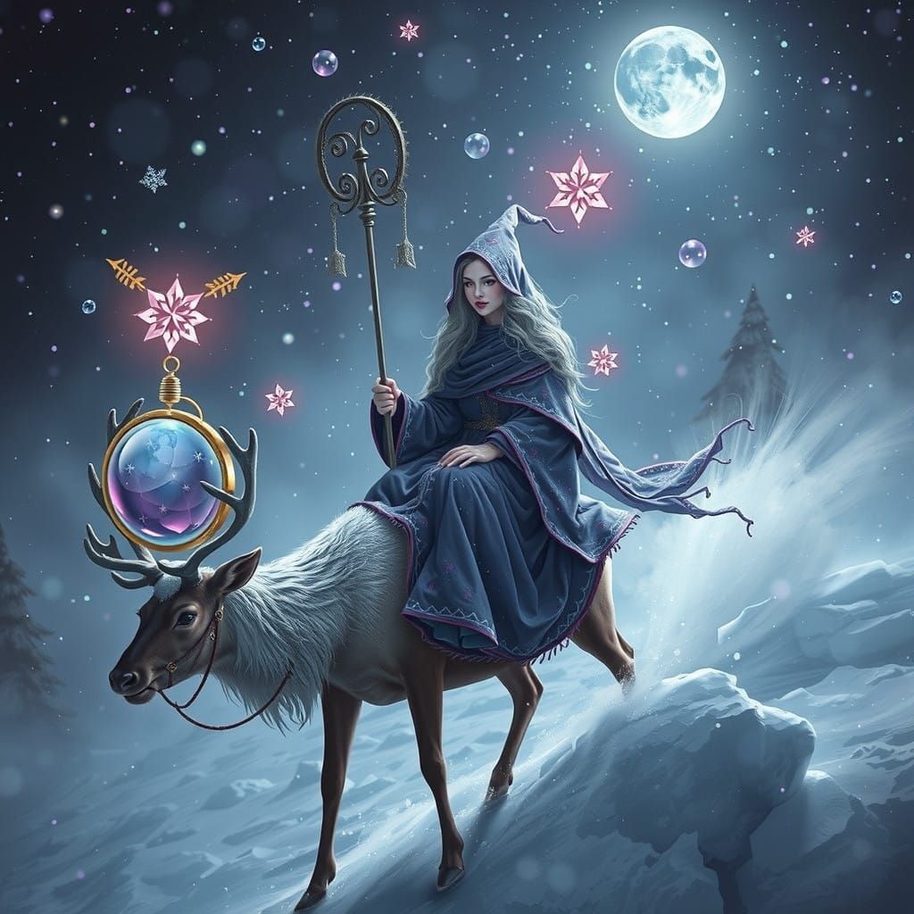 Mystical Winter Priestess Rides Majestic Reindeer Amidst Ame...