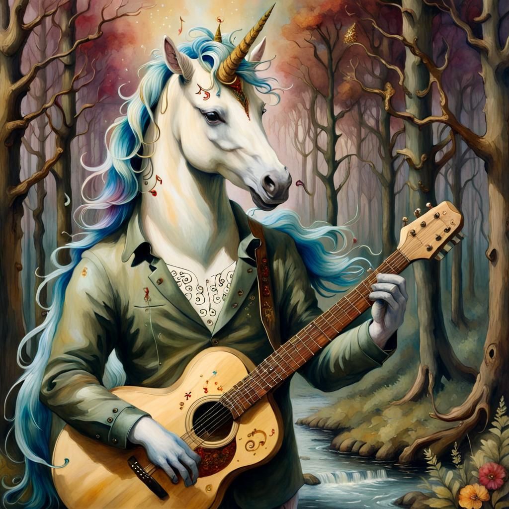 Anthropomorphic Unicorn Plays Guitar in Forest