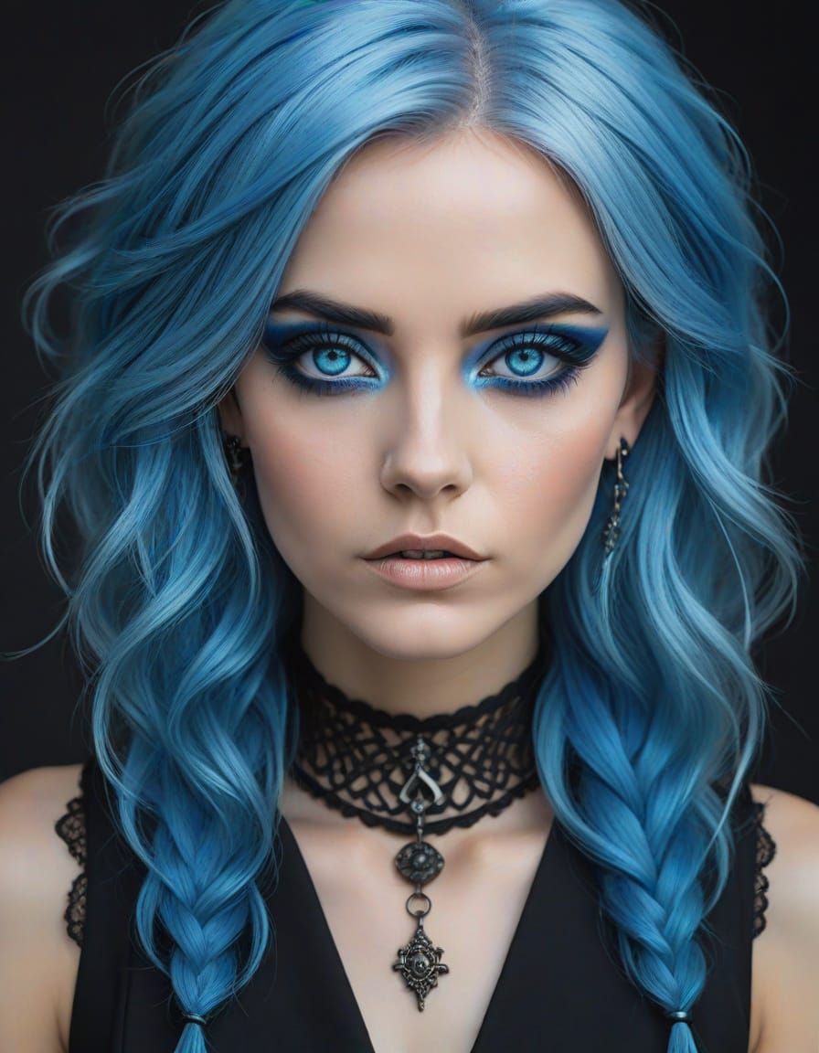 Rebellious Gothic Woman Portrait with Iridescent Blue Hair