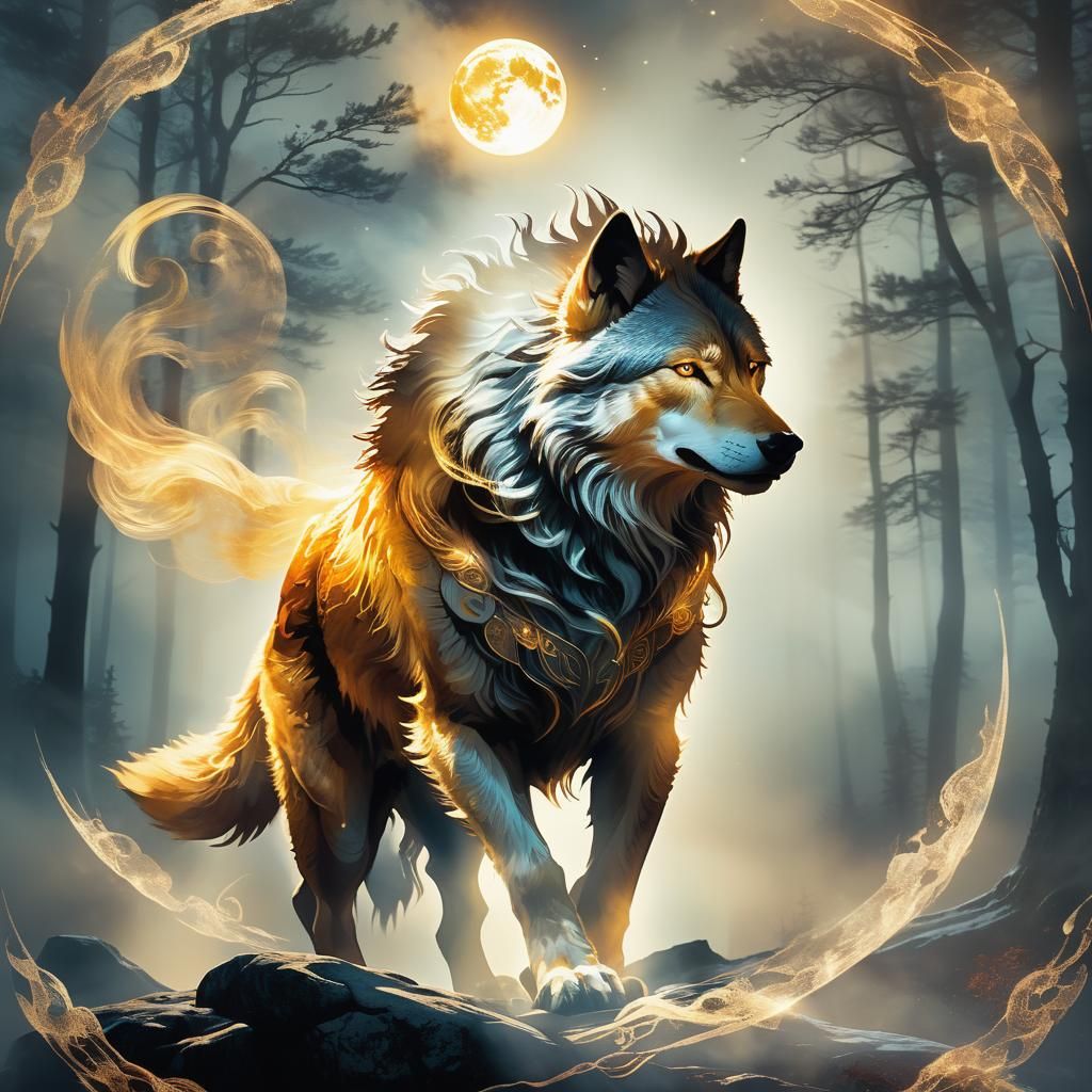 Moon God Móna Leads the Wolf through Golden Night