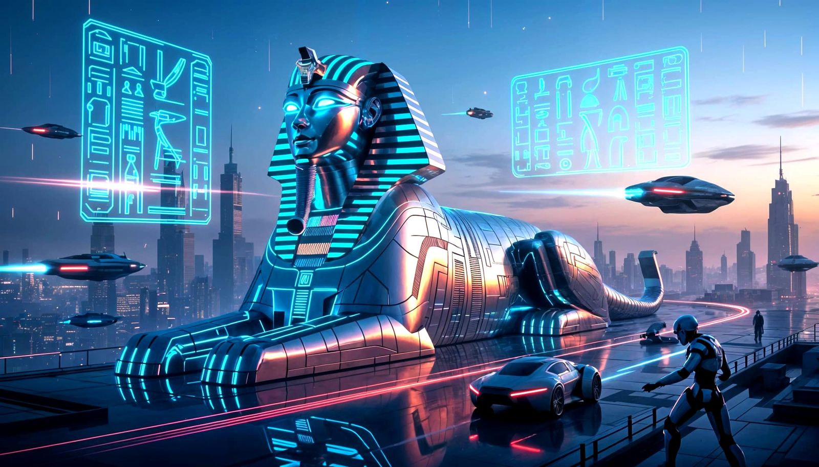 Futuristic Sphinx Guardian Over Cyberpunk City