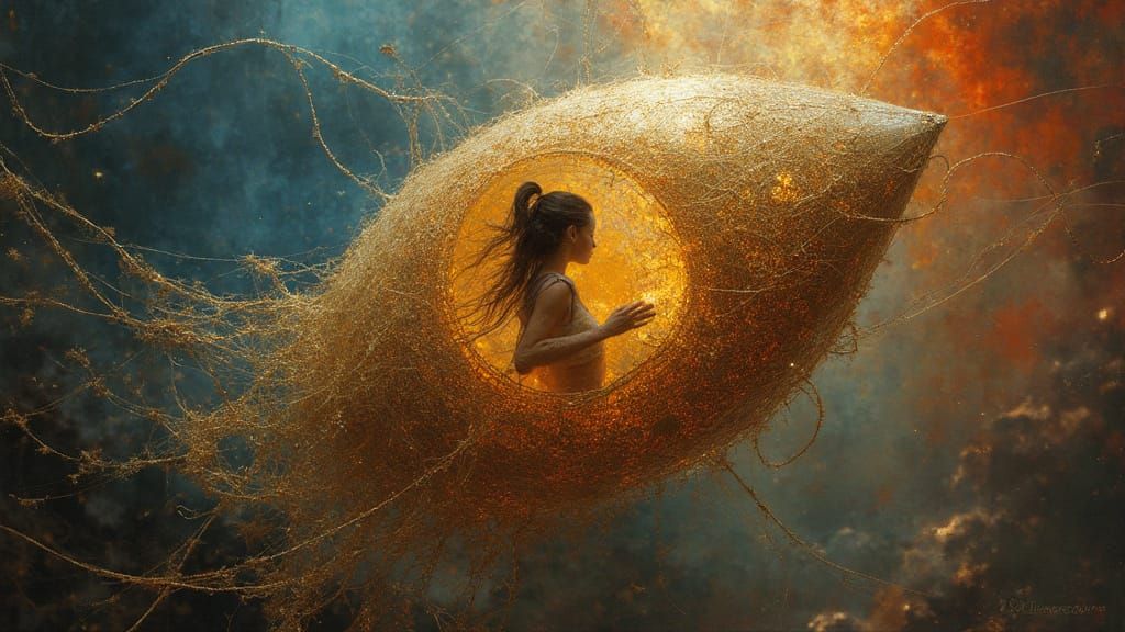 Woman in Golden Thread Spaceship, Ethereal Sci-Fi Art