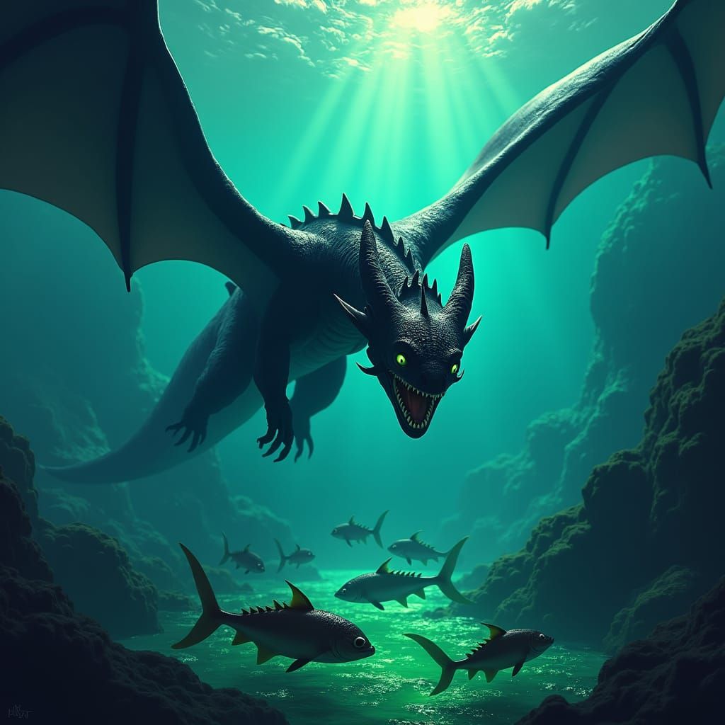 Night Fury Dragon Devouring Bioluminescent Fish: Fantasy Art