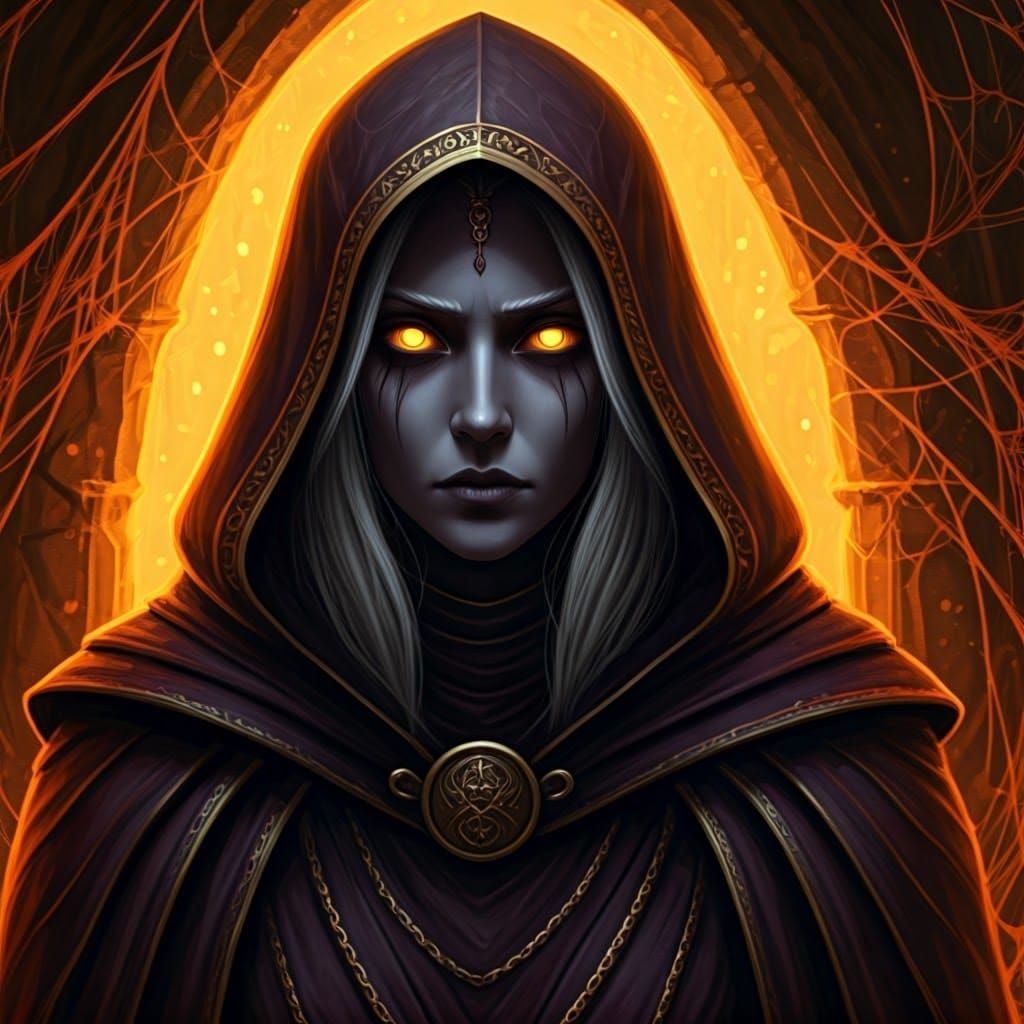 Intense Drow Acolyte in Shadow with Glowing Eyes