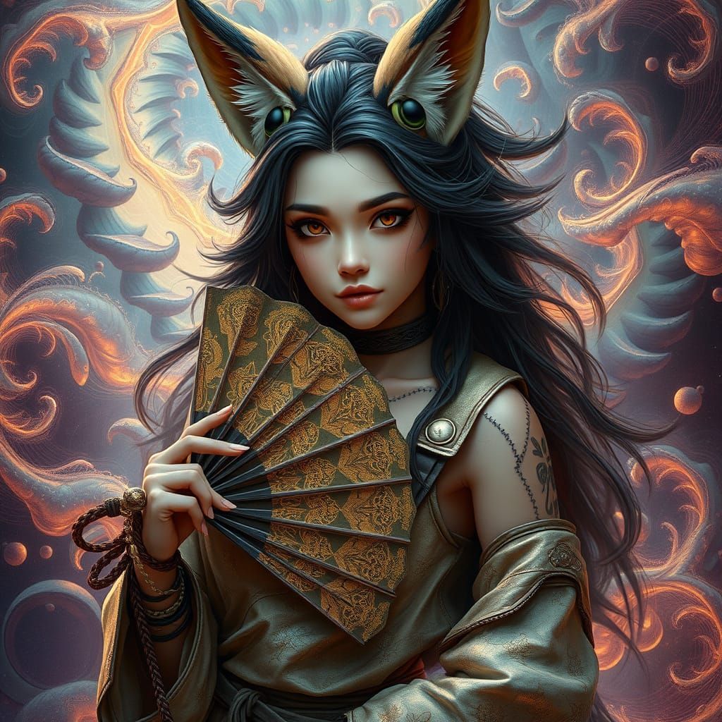 Kitsune Goddess in Distressed Dungaree, Holding Japanese Fan...