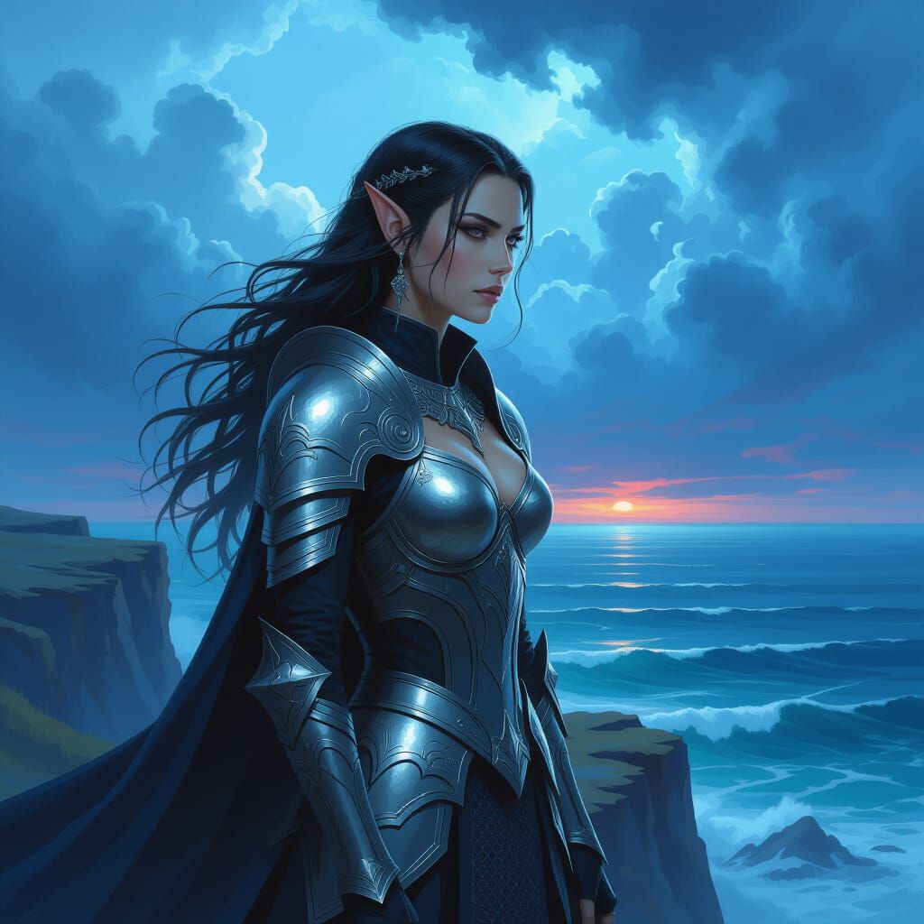 Elven Warrior on Cliff Overlooking Stormy Ocean