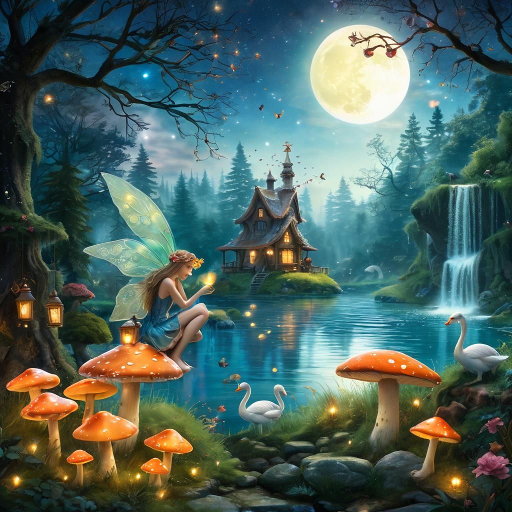 Magical Fairy with Lantern in Whimsical Forest Scene
