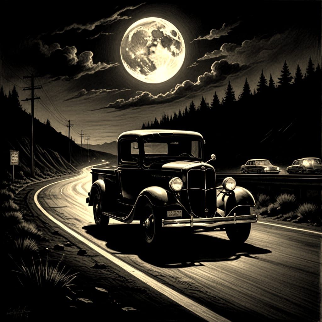 Moonlit Highway in Charcoal Drawing Style