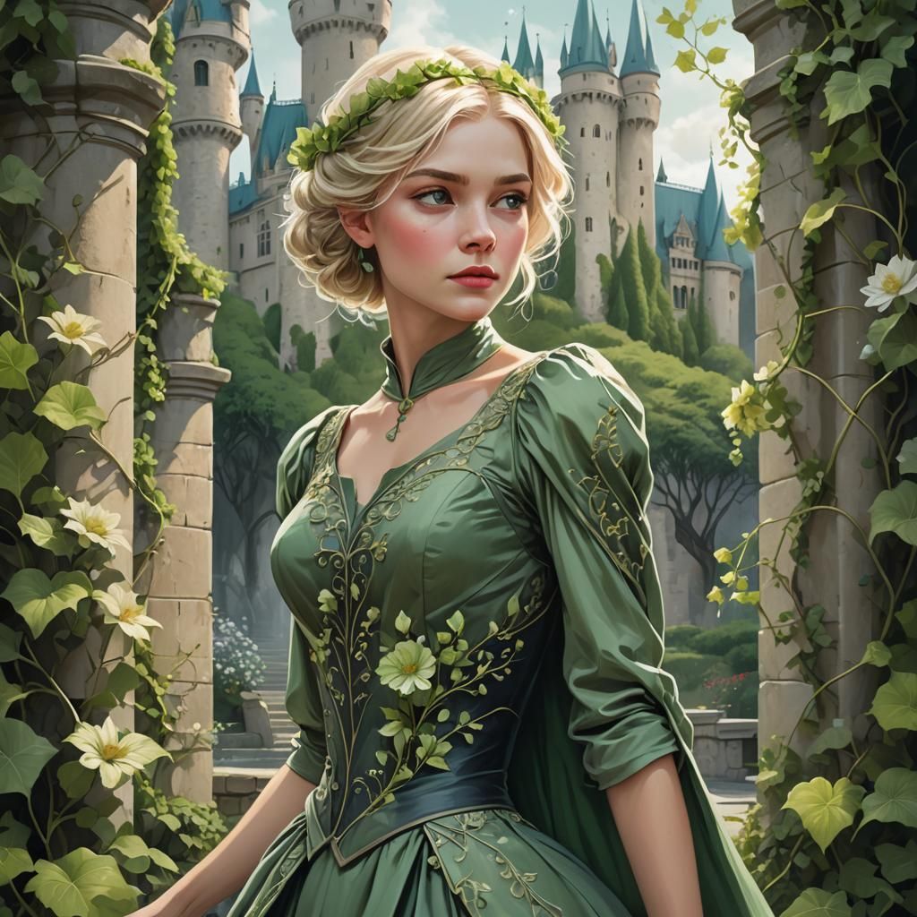 Fantasy Woman with Green Flower, Graphic Illustration