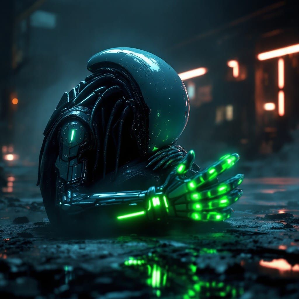 Alien Creature in Fetal Position Wears Predator Mask