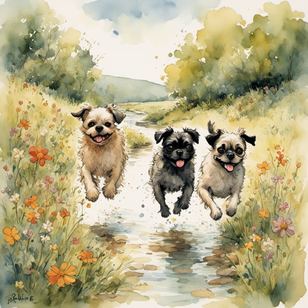 Two Pugs Running in a Flower Meadow