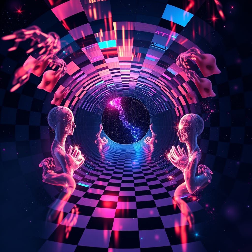 Cosmic Checkered Tunnel in Surreal Digital Art Style